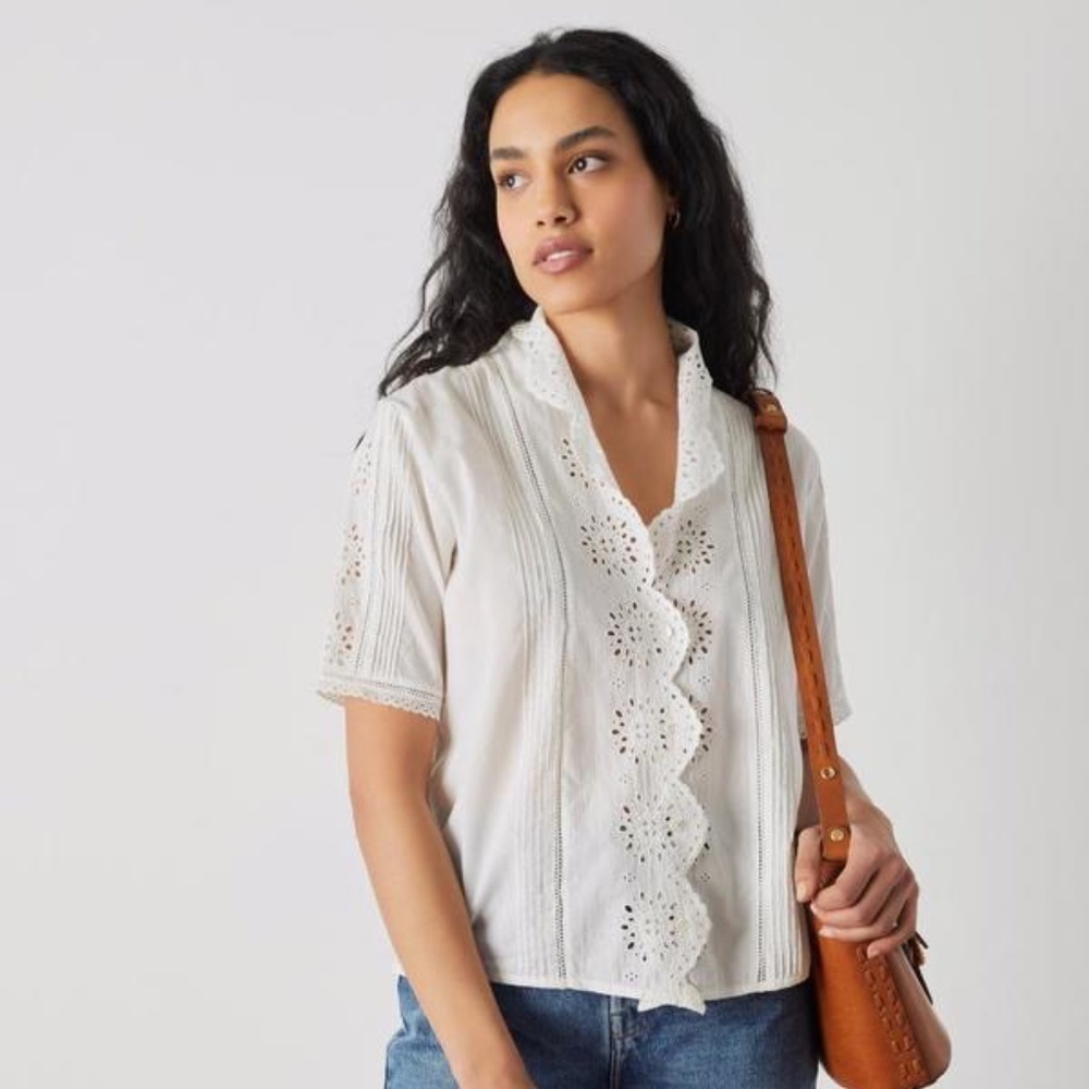 Leon & Harper Cuello Embroidered Blouse size S in White Organic Cotton NWT